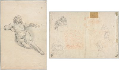 Femme nue allongée (recto) ; Divers croquis de figures et de plantes (verso) - Anonymous