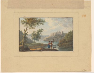 Paysage fluvial avec un homme, une femme et un chien au premier plan - Anonymous