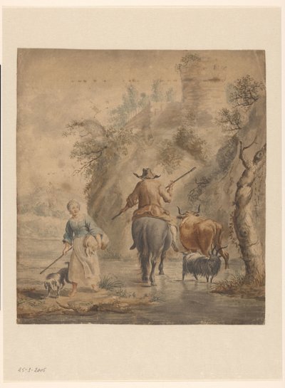 Paysage fluvial avec un cavalier, une femme et du bétail - Anonymous