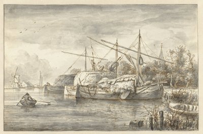 Paysage fluvial avec quelques bateaux de foin - Anonymous