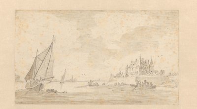 Paysage fluvial avec château (Loevestein ?) - Anonymous