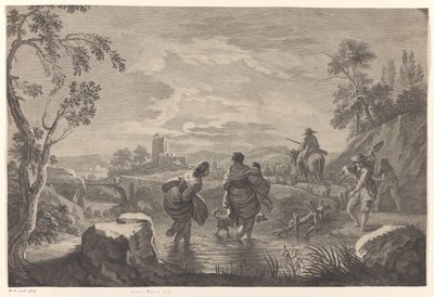 Paysage fluvial avec des personnages traversant - Anonymous