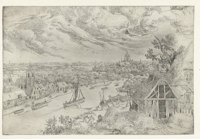 Paysage fluvial avec bateau de remorquage et pêcheurs au filet - Anonymous