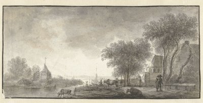 Paysage fluvial avec bétail et quelques maisons - Anonymous