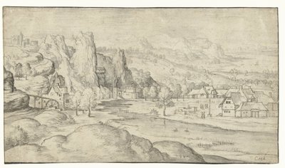 Paysage fluvial avec moulin à eau et rochers escarpés - Anonymous