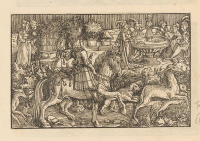 Cavalier avec des animaux sauvages dans une cour intérieure - Anonymous