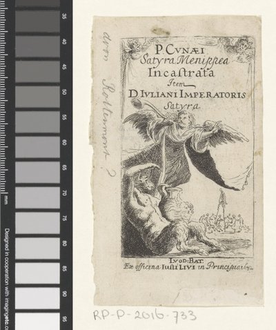 Satyre et ange soufflant dans une trompette (page de titre pour Petrus Cunaeus, Satyra Menippea Incastrata, 1632) - Anonymous