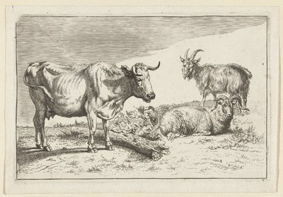Vache debout avec une corne tordue, avec un mouton et une chèvre - Anonymous