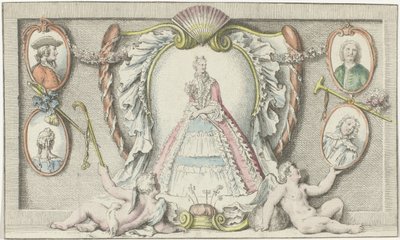 Femme debout, deux putti et quatre médaillons - Anonymous
