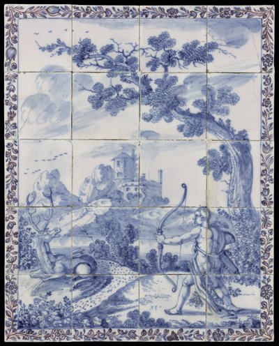 Tableau de carreaux avec un paysage en bleu et une scène mythologique : Cyparissus se transforme en cyprès - Anonymous