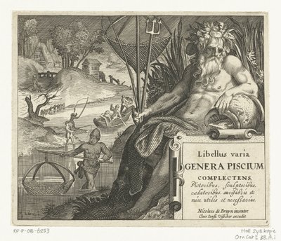 Page de titre avec titre et dieu de la rivière avec trident et filet de pêche dans un paysage avec des pêcheurs (Libelivs varia Genera piscium complectens) - Anonymous
