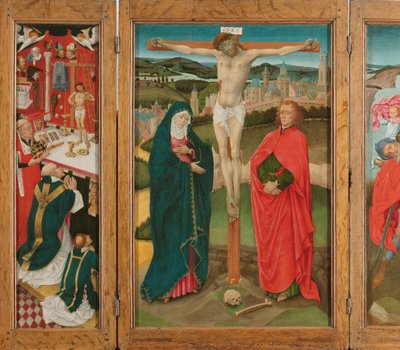 Triptyque avec la Crucifixion (panneau central), la messe de saint Grégoire (intérieur du panneau gauche), saint Christophe (intérieur du panneau droit) et l