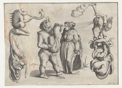 Femme et monstre masculin avec cruche et gobelet (Figures grotesques entourées d