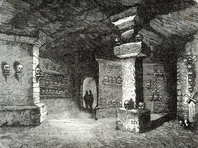 Une galerie des catacombes à Paris au 19e siècle. Gravure. Collection privée - Anonymous Anonymous