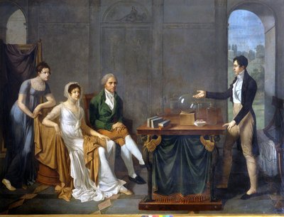 Un scientifique (probablement Alessandro (Alexandre) Volta) faisant une expérience scientifique devant la famille Melzi Deril. Peinture anonyme. - Anonymous Anonymous