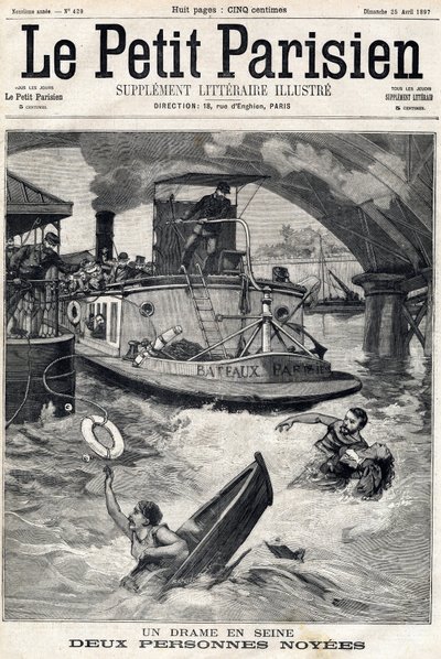 Accident dans la Seine : deux personnes dans un bateau noyé. Dans « Le Petit Parisien » du 25/04/1897 - Anonymous Anonymous