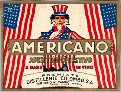 Publicité pour le short drink italien Americano, avec personnification allégorique de l