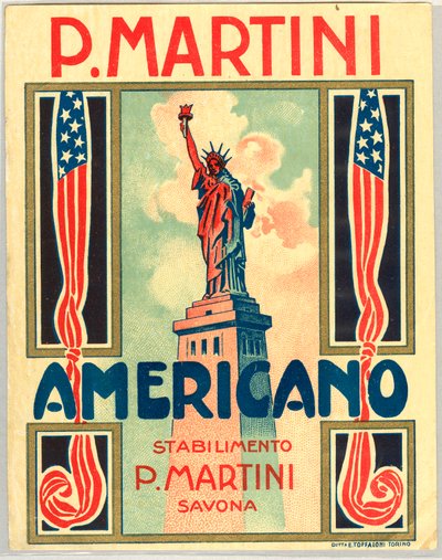 Publicité pour le short drink italien Americano, avec drapeau américain et statue de la liberté - Anonymous Anonymous