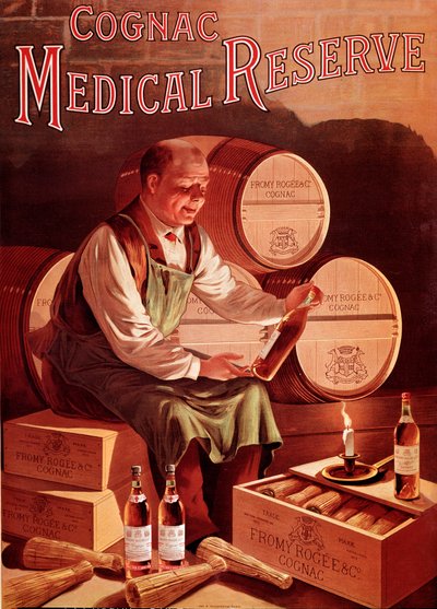 Affiche publicitaire pour le cognac Fromy, Rogee et Cie : réserve médicale. Un homme dans sa cave à vin regarde une bouteille de cognac avec plaisir. Illustration anonyme. Début 20e siècle - Anonymous Anonymous