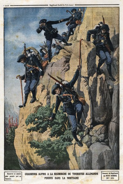 Chasseurs alpins à la recherche de touristes allemands perdus. Ils voulaient aller au mont Nero (Casque du Nero) du massif de la Chartreuse. Gravure dans « Le Petit Journal », le 7/07/1912. Collection privée. - Anonymous Anonymous