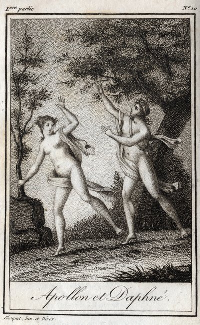 Apollon et Daphné. La nymphe Daphné se transforme en laurier pour échapper à Apollon. Gravure de 1819 dans "Lettres à Emilie sur la mythologie" par Charles Albert Demoustier (1760-1801). Collection privée. - Anonymous Anonymous