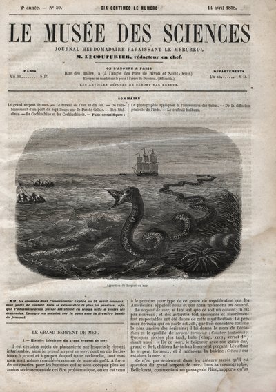 Apparition du serpent de mer. Gravure de 1858. Une du "Musée des sciences" du 14 avril - Anonymous Anonymous