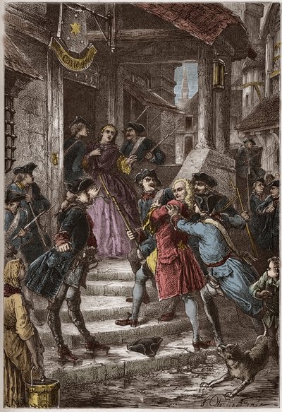 Arrestation de Voltaire et de sa nièce en Prusse, par ordre de Frédéric le Grand - gravure de "L