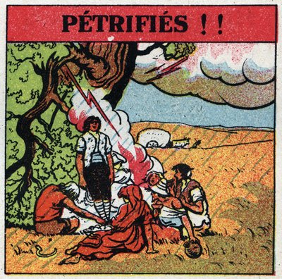 Électricité atmosphérique: hommes électrocutés par la foudre restent pétrifiés. Illustration anonyme de 1925. Collection privée. - Anonymous Anonymous