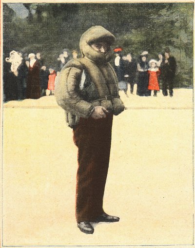 Aviation : combinaison aérienne conçue pour protéger les aviateurs des chutes. Gravure dans « Le petit parisien » du 16/10/1910. Collection privée. - Anonymous Anonymous