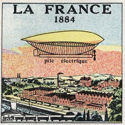 Ballons : le dirigeable « La France » en 1884 utilisant la batterie électrique inventée par les Français Renard et Krebs. Illustration anonyme de 1925. Collection privée. - Anonymous Anonymous