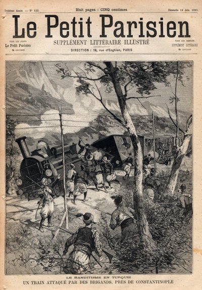 Banditisme en Turquie, un train attaqué par des voleurs près de Constantinople. Gravure dans "Le petit Parisien" de 1891. Collection privée. - Anonymous Anonymous