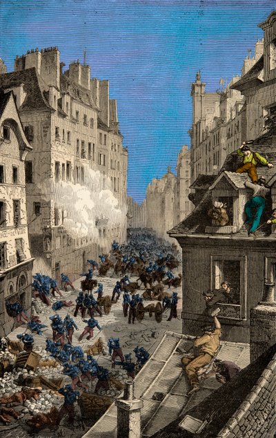 Bataille à la barricade de la rue Saint-Antoine en 1830. Gravure. Collection privée - Anonymous Anonymous