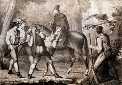 Brigands attaquant un voyageur à cheval (19e siècle, estampe, collection privée) - Anonymous Anonymous