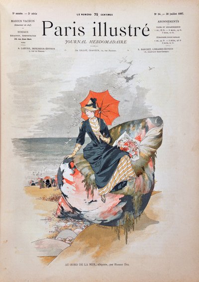 Au bord de la mer, allégorie par Habert Dys. Femme élégante avec un parapluie assise sur une coquille géante posée sur le sable d