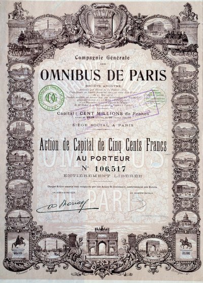 Part de capital de 500 Francs dans les omnibus de Paris, 20e siècle Coll. Part - Anonymous Anonymous