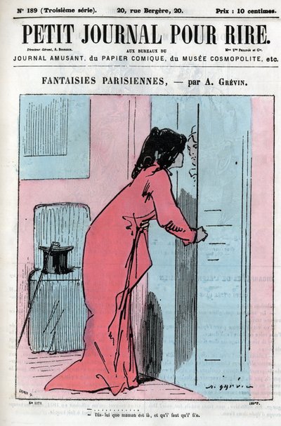Caricature sur les couples parisiens. Une femme avec son amant demande à la bonne de renvoyer son rendez-vous avec un autre homme : "Dis-lui que maman est là et que je dois partir." Gravure dans "Petit Journal pour Rire" - Anonymous Anonymous