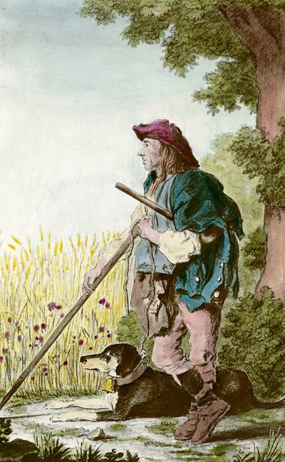 Caractère de la garde récolte : un paysan surveillant les champs avec son chien (estampe du 18e siècle, collection privée) - Anonymous Anonymous