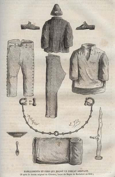 Vêtements et fers reçus par un forçat arrivant au bagne de Rochefort au XIXe siècle (d