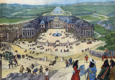 Construction du château de Versailles en 1678 selon les plans de Jules Hardouin Mansart au premier plan le roi Louis XIV. - Anonymous Anonymous