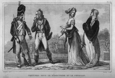 Costume sous le Directoire et le Consulat. Gravure de 1859 dans « Le Monde. Histoire de tous les peuples depuis les temps les plus reculés jusqu