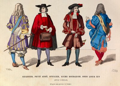 Costumes de seigneur, petit abbé, officier et riche bourgeois à Paris sous le règne du roi Louis XIV au 17e siècle - collection privée - Anonymous Anonymous