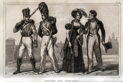 Costumes sous Louis XVIII. Gravure de 1859 dans "Le Monde. Histoire de tous les peuples depuis les temps les plus reculés jusqu
