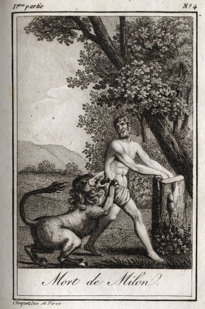 Mort de Milon de Crotone dévoré par un loup. Gravure de 1819 dans "Lettres à Emilie sur la mythologie" par Charles Albert Demoustier (1760-1801). Collection privée. - Anonymous Anonymous