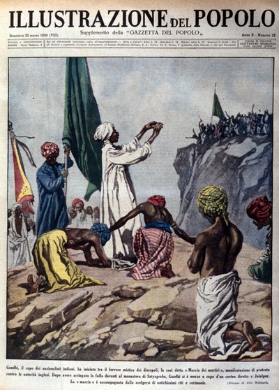 Manifestation dirigée par le leader politique Mohandas Karamchand Gandhi (1869-1948) pour protester contre les autorités anglaises, représentant une cérémonie lors de la marche des martyrs vers Jalaipur. Illustration tirée de « L