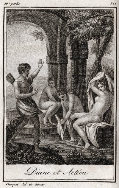 Diane et Actéon. Diane surprise au bain par le chasseur Actéon. Gravure de 1819 dans « Lettres à Émilie sur la mythologie » de Charles Albert Demoustier (1760-1801). Collection privée. - Anonymous Anonymous