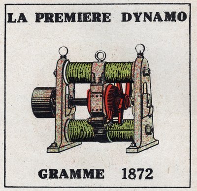 Dynamo: la première dynamo inventée par Zénobe Théophile Gramme (1826-1901) en 1872. Illustration anonyme de 1925. Collection privée. - Anonymous Anonymous