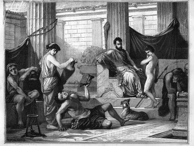 Éducation à Sparte dans la Grèce antique : un esclave ivre est présenté à un jeune garçon pour lui montrer les dangers de l