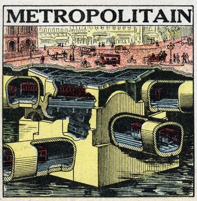 Tramways électriques : coupe transversale du sol de Paris montrant les lignes du Métropolitain. Illustration anonyme de 1925. Collection privée. - Anonymous Anonymous