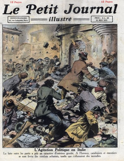 Émeutes à Florence entre communistes et fascistes le 27 février. Intervention des carabiniers. Illustration tirée de « Le petit journal » du 13/03/1921. Collection Privée - Anonymous Anonymous