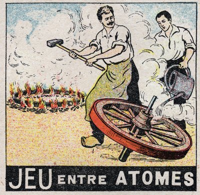 Éther (matériau) : jeu entre les atomes. Charrons fabriquant une roue. Illustration anonyme de 1925. Collection privée. - Anonymous Anonymous